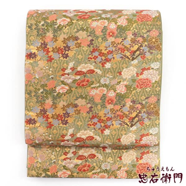 中古 袋帯 ふくろ帯 リサイクル レディース 正絹 金緑 牡丹 地紙文 桜 楓 長さ439cm 幅3...