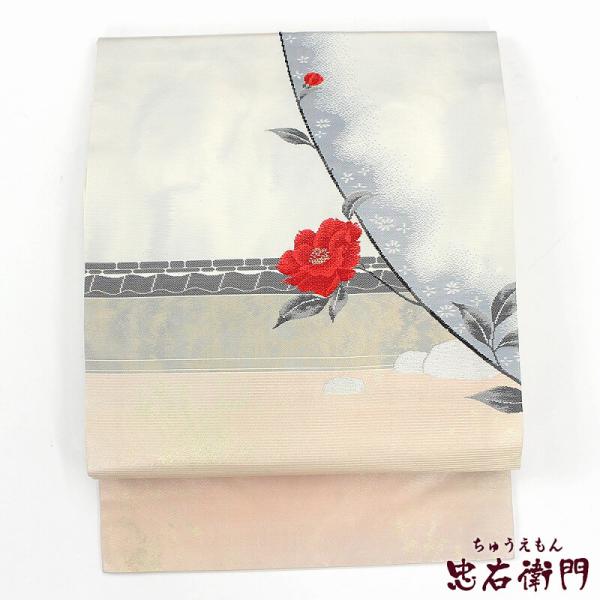 中古 名古屋帯 九寸名古屋帯 リサイクル 正絹 白地 椿 風景柄 長さ360cm 幅30cm