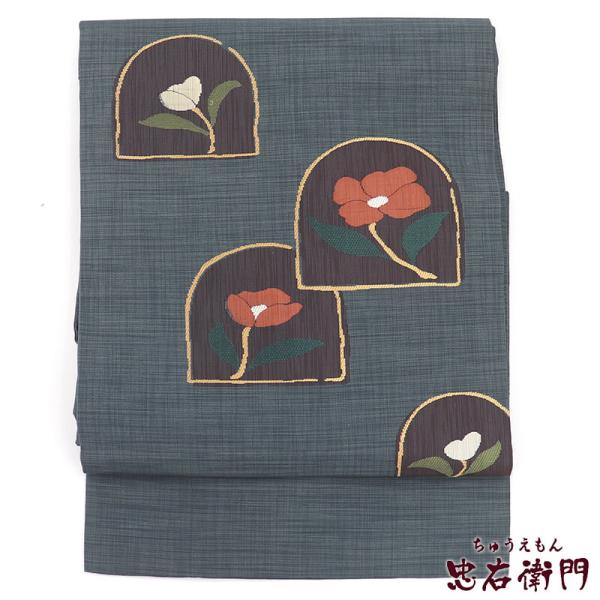 中古 名古屋帯 正絹 九寸帯 お太鼓柄 青緑 花柄 長さ349cm 幅30cm リサイクル 和装 普...