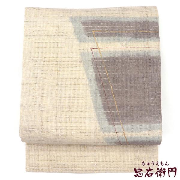 中古 名古屋帯 正絹 九寸帯 お太鼓柄 ベージュ 紬 抽象柄 長さ378cm 幅31cm リサイクル...