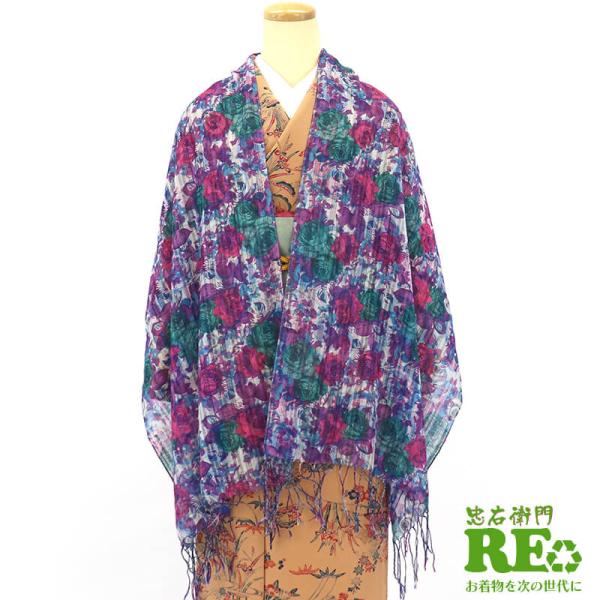 中古 ショール リサイクル レディース バラ柄 青 赤 緑 長さ176cm 幅50cm 和装小物 即...