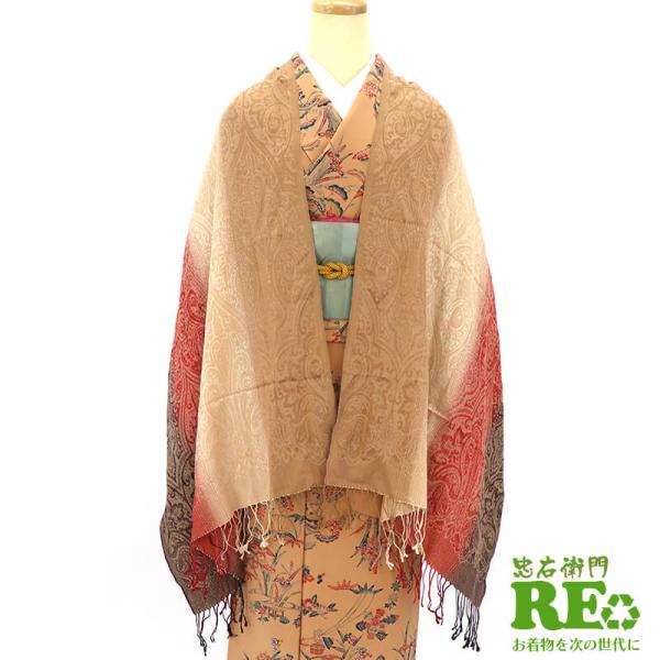 中古 ショール リサイクル レディース 正絹 カシミア ベージュ 赤 茶色 モダン柄 長さ172cm...