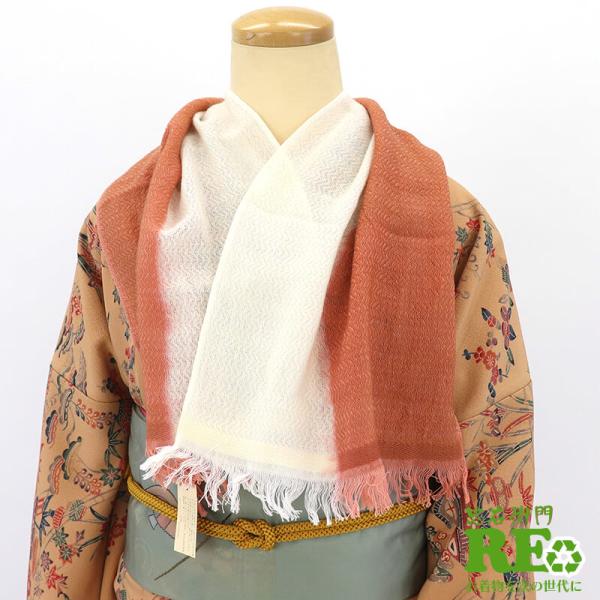 中古 ショール 天然草木染 リサイクル レディース 綿 毛 茶 白 配色 長さ98cm 幅32cm ...