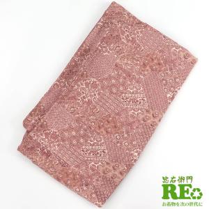 袋帯 美品 秀品 草花 幾何学 金銀糸 箔 灰色 六通 正絹 中古