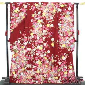 振袖 単品 販売 レディース 正絹 赤 牡丹 笹 桜 身丈173cm 裄丈67cm リサイクル ゆったりサイズ プラスサイズ 中古｜tyuemon