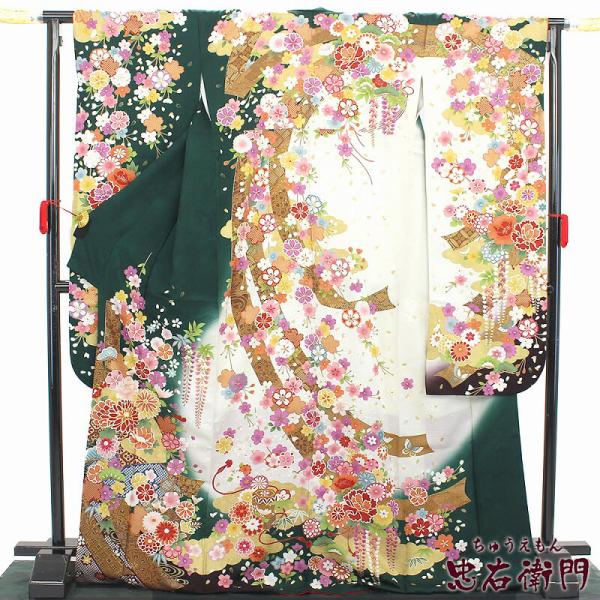 中古 振袖 長襦袢付き 2点セット 販売 正絹 緑 白 金 桜 身丈178cm 裄丈69cm トール...