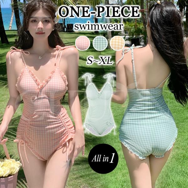 水着 レディース 20代 30代 可愛い水着 体型カバー モノキニ バックシャン チェック柄 フリル...