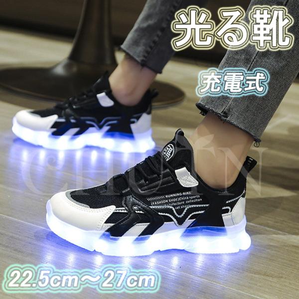 光る靴 メンズ 大人用 充電式 LED 結ばない 光るニーカー 大きいサイズ 22.5cm〜27cm...