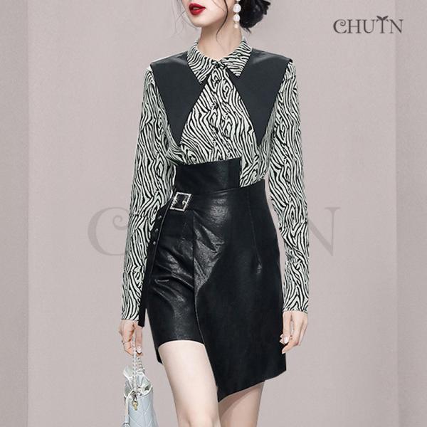 スカートスーツシャツ+タイトスカートミニ セットアップ長袖ブラウスストライプ柄シャツレザータイトスカ...