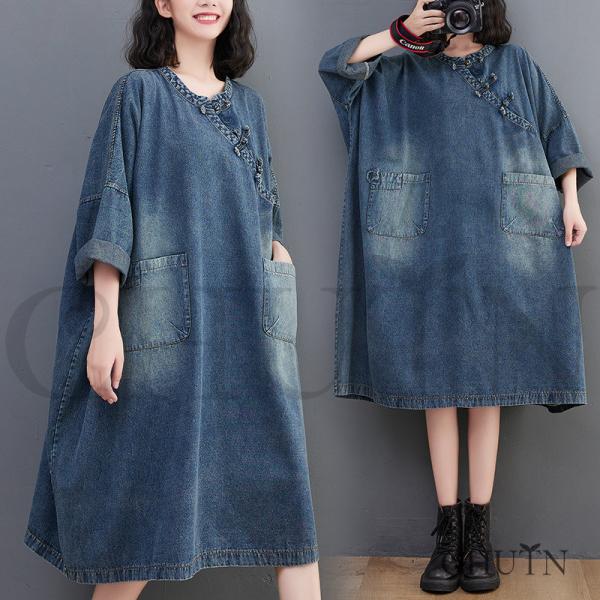 デニムワンピース50代 夏秋 ショートデニムワンピース５分袖お デニムワンピース ゆったり カシュク...