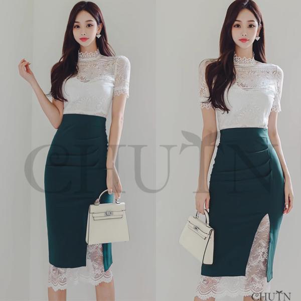 スカートスーツレディースセットアップ半袖透け感レースシャツブラウスシャツ+レースタイトスカート膝丈着...