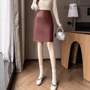 赤レザータイトスカート 膝丈 レザースカート ...の詳細画像3