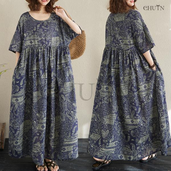 ゆるワンピースレディース40代50代 マキシワンピースリネン 体型カバー 5分袖 花柄涼しいワンピー...