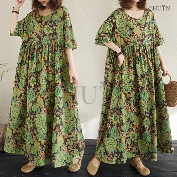 ゆるワンピースレディース40代50代ボヘミア風マキシワンピースリネン 体型カバー 5分袖花柄涼しいワ...
