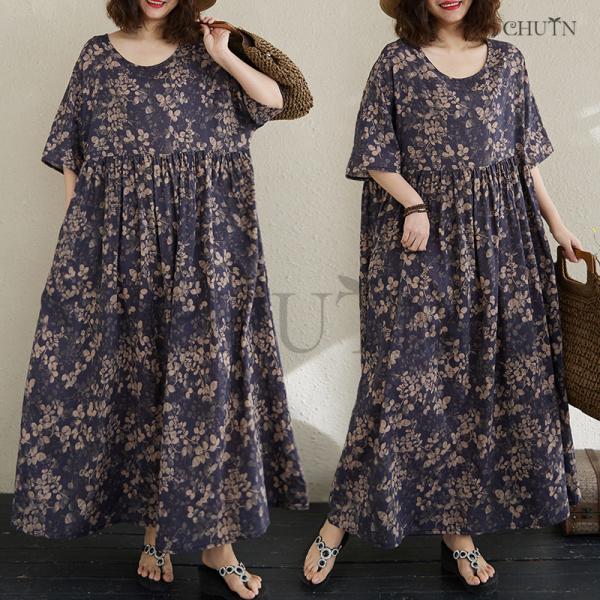 ゆるワンピースレディース40代50代ボヘミア風マキシワンピースリネン 体型カバー 5分袖花柄涼しいワ...