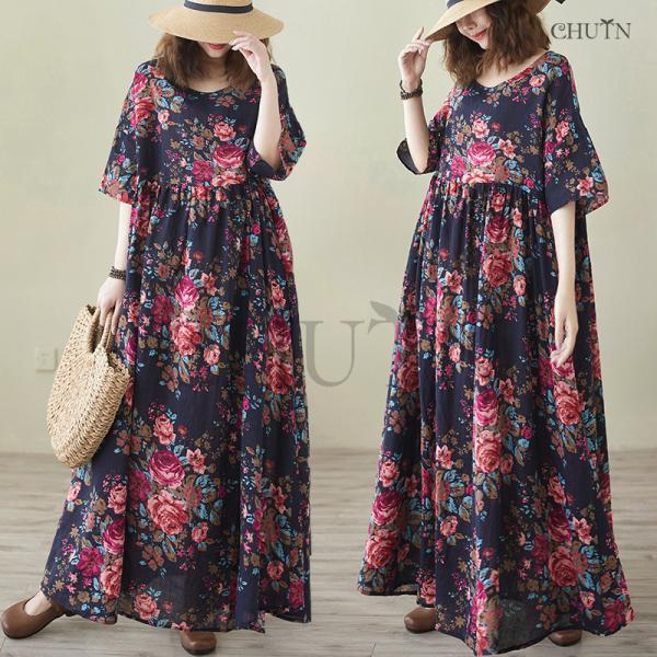 ゆるワンピースレディース40代50代ボヘミア風マキシワンピースリネン 体型カバー 5分袖花柄涼しいワ...