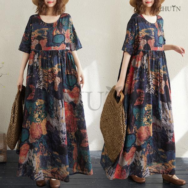 可愛いワンピースレディース40代50代 ゆるワンピース涼感 ゆったり ワンピースロング 夏 5分袖 ...