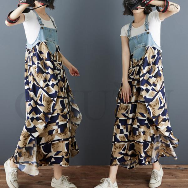 サマーサロペットスカート5０代 デニムドッキングワンピース涼感ロングジャンパースカートサロペットスカ...