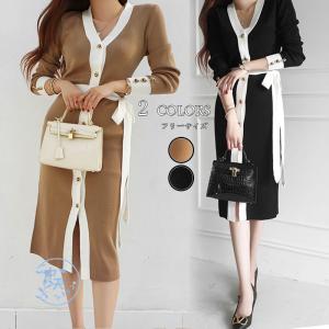 ニットワンピース タイトワンピース Vネック 長袖ワンピース ミモレワンピース ロングレディース お出かけ デーリー 着痩せ スリット エレガント 秋冬 大人