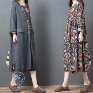 長袖ワンピース 秋ワンピース ゆるワンピース ワンピースレディース40代50代 ミモレワンピース 体型カバー プリント Uネック お洒落 ゆったり 通勤 二次会 M~XL