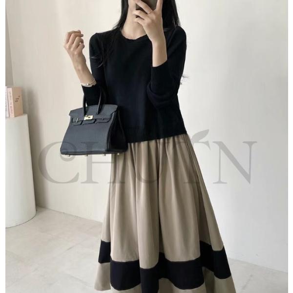 春ニットワンピースタイトニットワンピース50代ニットワンピース秋冬 長袖切り替えニットワンピース 4...