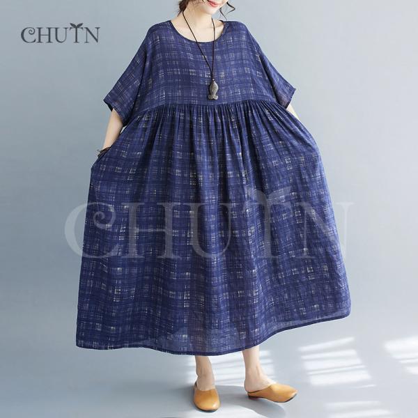 ワンピースレディース40代50代 ゆるワンピース チェック柄ゆったり ロング丈 夏 5分袖 体型カバ...