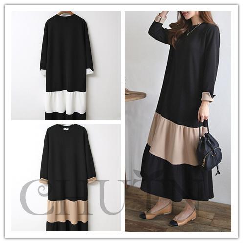 春ドッキングワンピースレディース 秋 長袖ワンピース マキシワンピース 丸首 バイカラー 切り替え ...