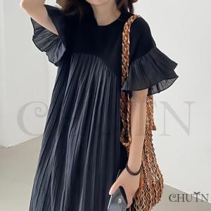 夏フリル袖シワドッキングワンピース キレイめ ...の詳細画像3
