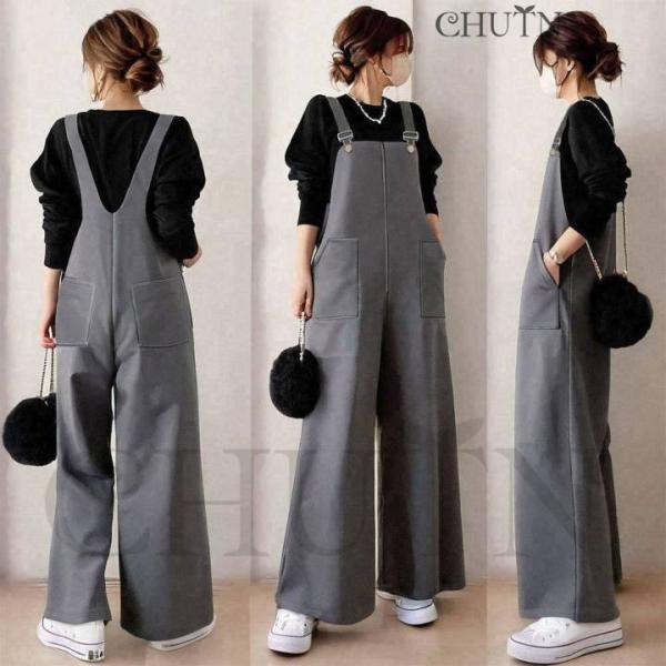 秋サロペットパンツオールインワンレディース肩紐長さ調整サロペットパンツオーバーオール綿 ワイドパンツ...