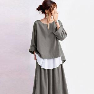 秋セットアップレディース 綿麻トップス+スカー...の詳細画像3