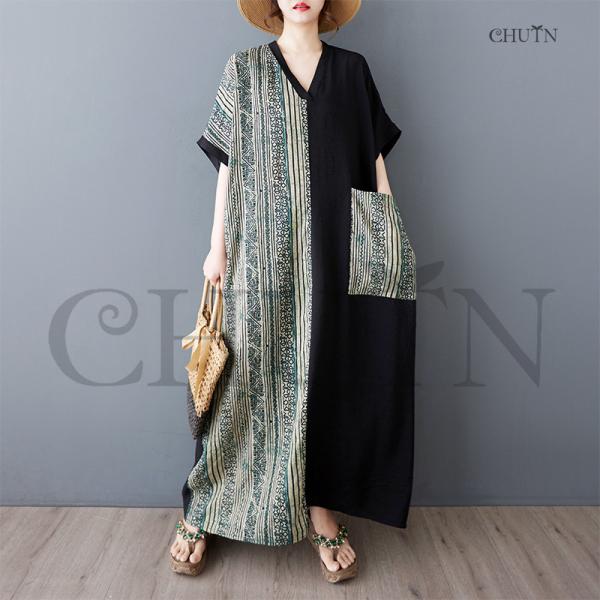 可愛いワンピースレディース40代50代ワンピース綿麻ゆったりワンピースロング夏5分袖 ポケットある体...