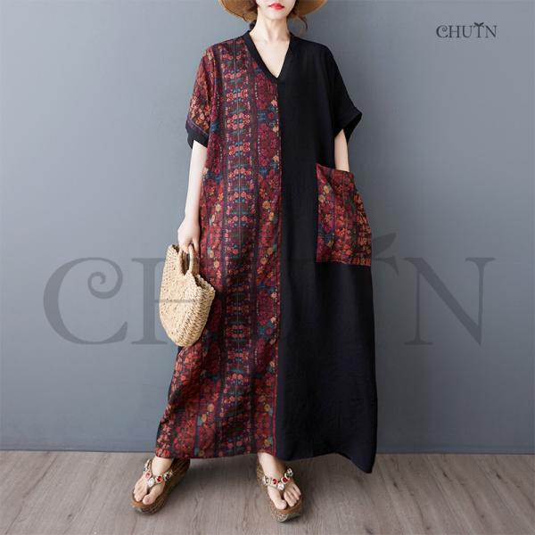 赤ワンピースレディース40代50代ワンピース綿麻ゆったりワンピースロング夏5分袖 ポケットある体型カ...