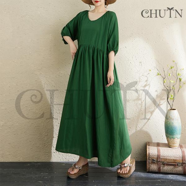 ワンピース秋50代ワンピースゆったり5分袖 体型カバー マキシTシャツワンピース  ママ服 パフスリ...