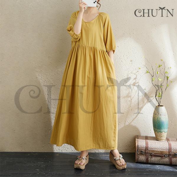 ワンピース秋50代ワンピースゆったり5分袖 体型カバー マキシTシャツワンピース  ママ服 パフスリ...