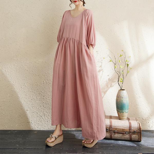 秋ワンピース50代ワンピースゆったり5分袖 体型カバー マキシTシャツワンピース  ママ服 パフスリ...