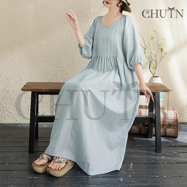 秋ワンピース50代ワンピースゆったり5分袖 体型カバー マキシTシャツワンピース  ママ服 パフスリ...