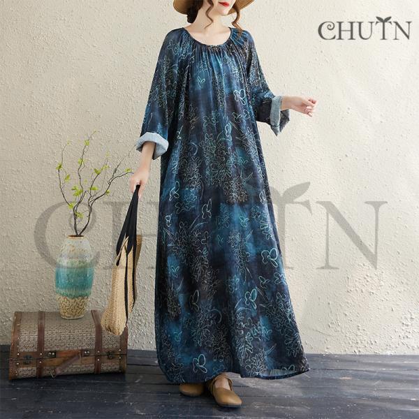 長袖ワンピース レディース秋服ワンピース50代可愛いワンピース秋コットンリゾートワンピース 着回しロ...