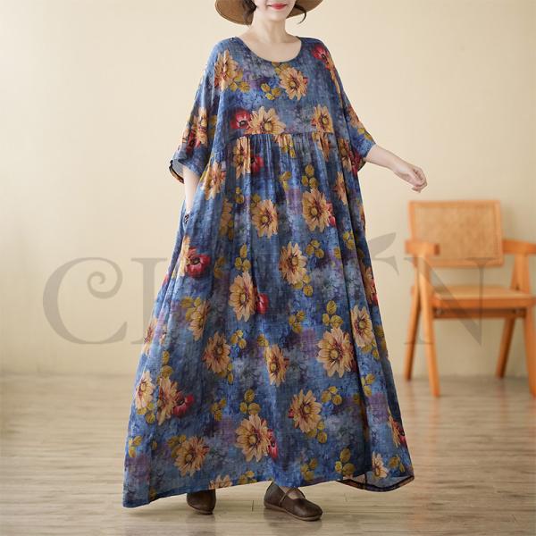 マキシワンピース ゆるワンピース夏 40代50代 体型カバープリント5分袖  お出かけ カジュアル ...