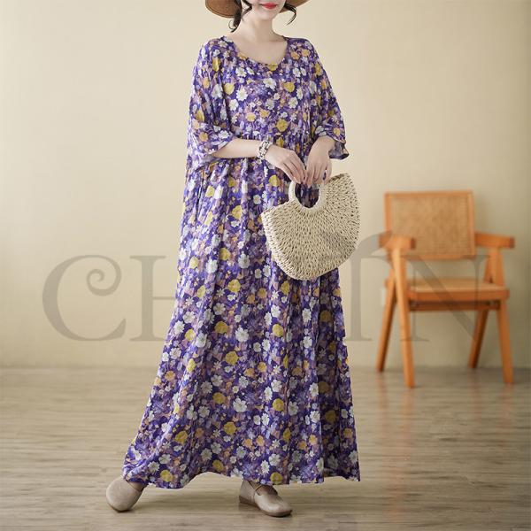 夏マキシワンピース ゆるワンピース 40代50代 体型カバープリント5分袖  お出かけ カジュアル ...