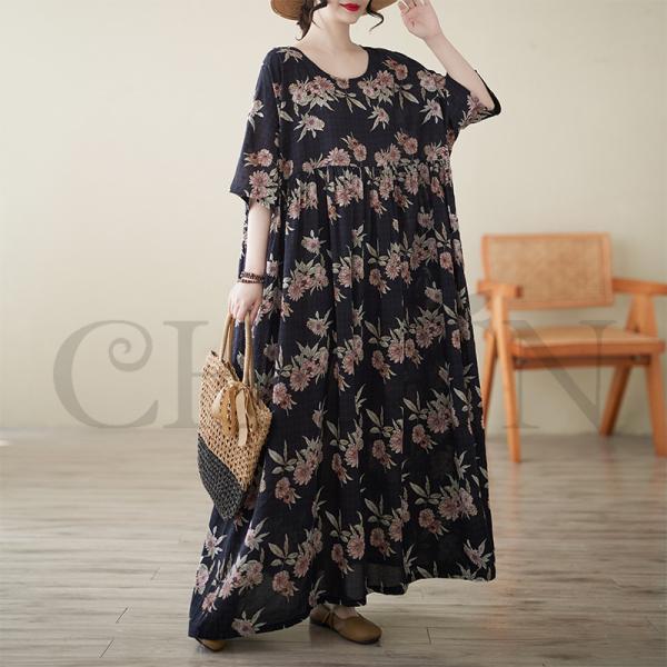 夏マキシワンピース ゆるワンピース 40代50代 体型カバープリント5分袖  お出かけ カジュアル ...