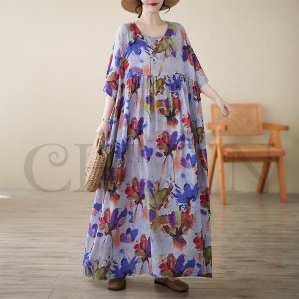 サマーマキシワンピース ゆる40代50代 体型カバープリント5分袖 お出かけ カジュアル 通勤 着痩...