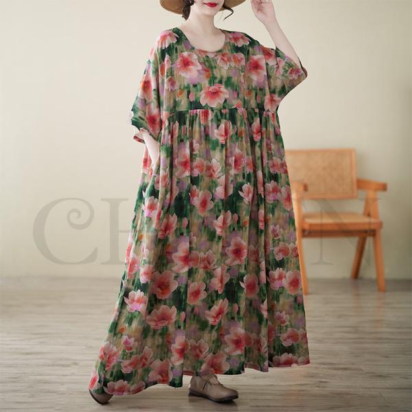 サマーマキシワンピース ゆる40代50代 体型カバープリント5分袖 お出かけ カジュアル 通勤 着痩...