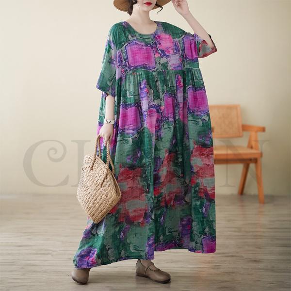 サマーマキシワンピース ゆる40代50代 体型カバープリント5分袖 お出かけ カジュアル 通勤 着痩...