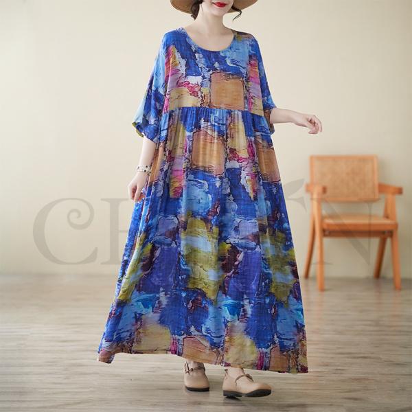 サマーマキシワンピースタイダイ染め ゆる40代50代 体型カバー5分袖 お出かけ カジュアル 通勤 ...