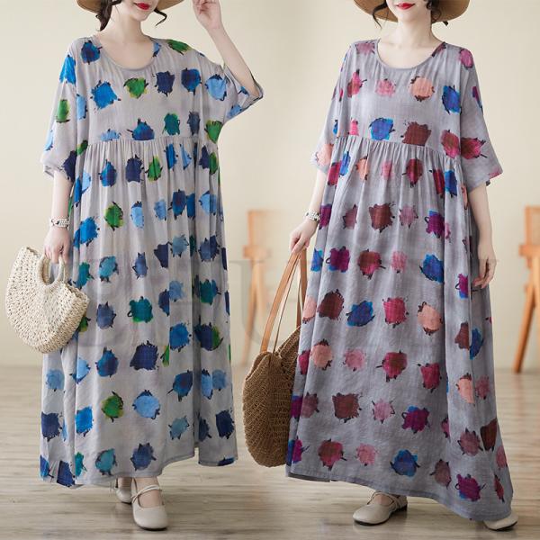 サマーマキシワンピース ゆる40代50代 体型カバープリント5分袖 お出かけ カジュアル 通勤 着痩...