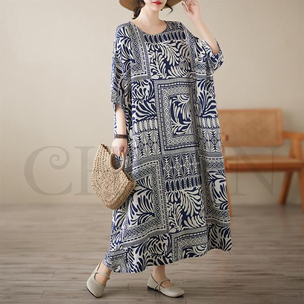 サマー綿麻マキシワンピース ゆる40代50代 体型カバープリントワンピース5分袖 お出かけ 通勤 着...