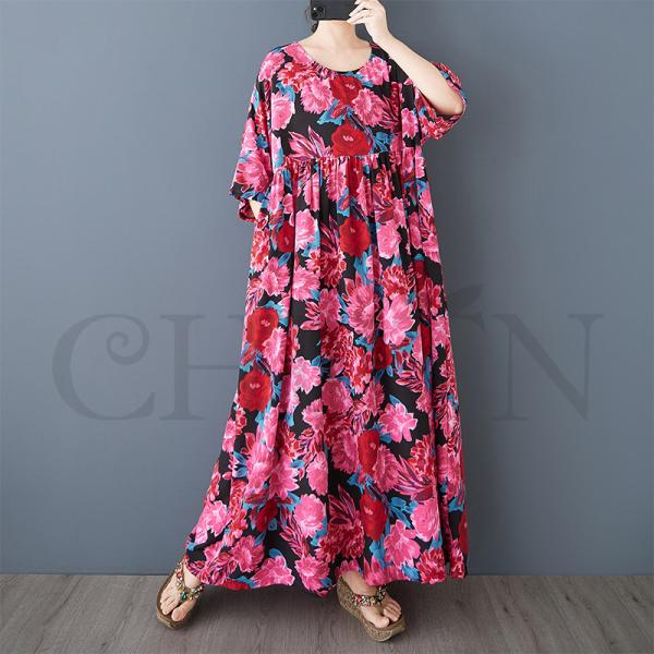 サマーマキシワンピース ゆる40代50代 体型カバープリント5分袖 お出かけ カジュアル 通勤 着痩...