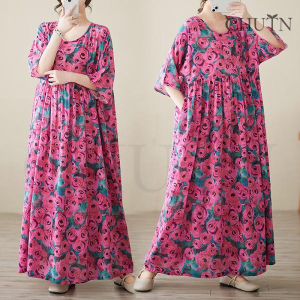 サマー綿麻マキシワンピース ゆる40代50代 体型カバープリントワンピース5分袖 お出かけ 通勤 着...