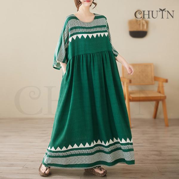 サマー綿麻マキシワンピース ゆる40代50代 体型カバープリントワンピース5分袖 お出かけ 通勤 着...