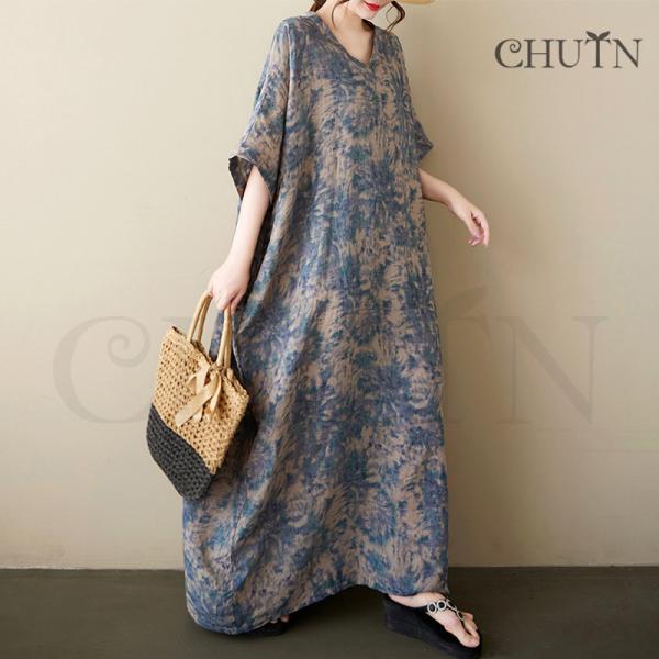 夏ワンピースレディース40代 ゆるワンピース 花柄Vネックロングワンピース半袖体型カバー Tシャツワ...